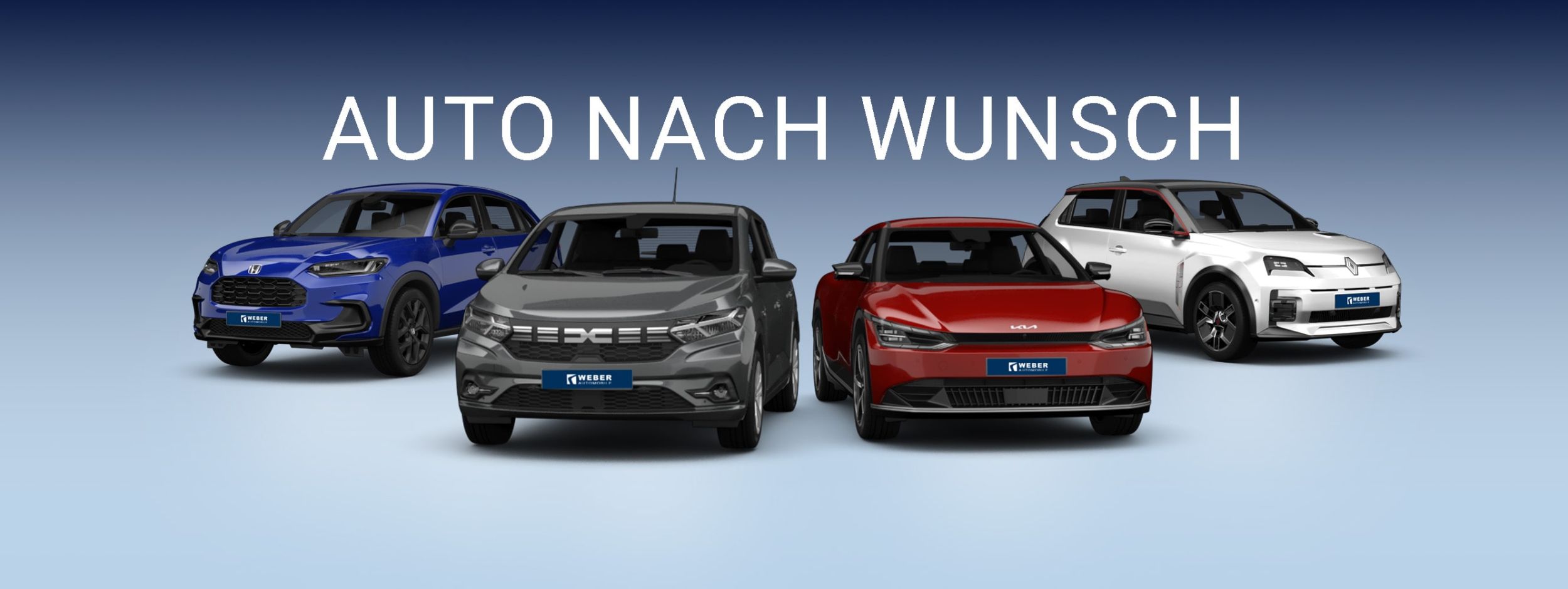 Das Bild zeigt vier verschiedene Marken aufgereiht vor einem blauen Hintergrund. Über den Fahrzeugen steht der Schriftzug „AUTO NACH WUNSCH“.